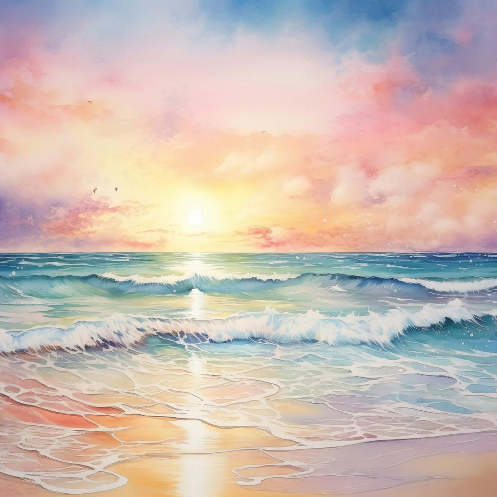 Whimsical Pastel Watercolour Beach Sunset
