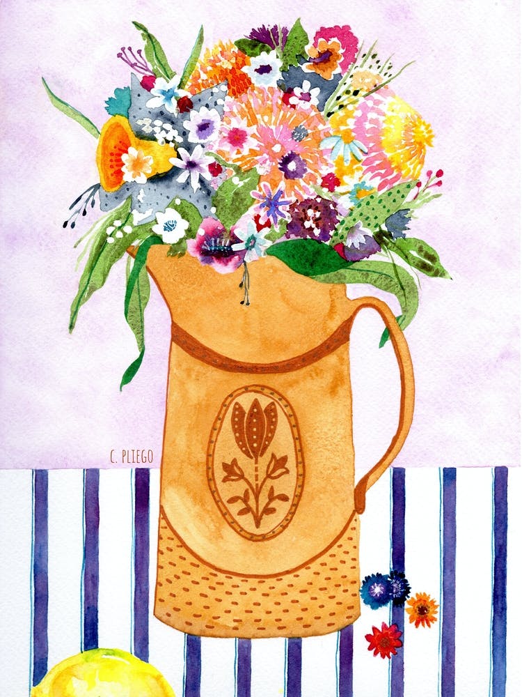 Still Life Vintage Floral Lime and colorful flowers