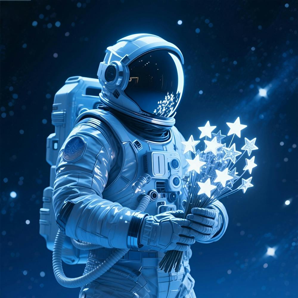 Astronaut hält Blumen im Weltraum