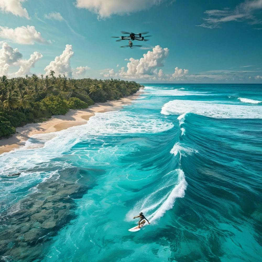 Drone View Capturing A Surfer Catching A Wave Near A Sandy Coastline Vibrant Turquoise Lagoon In Th