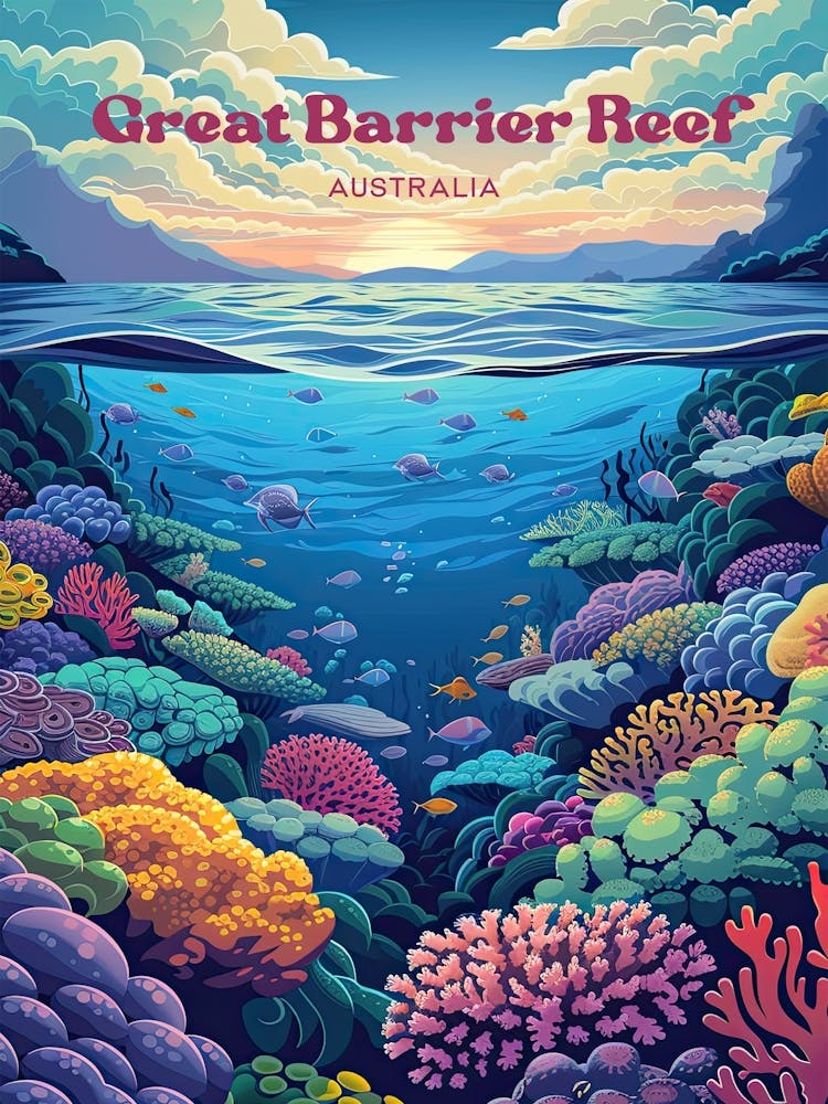 Grande Barrière de Corail Australie Illustration d'Art de Voyage Sous-Marin 1