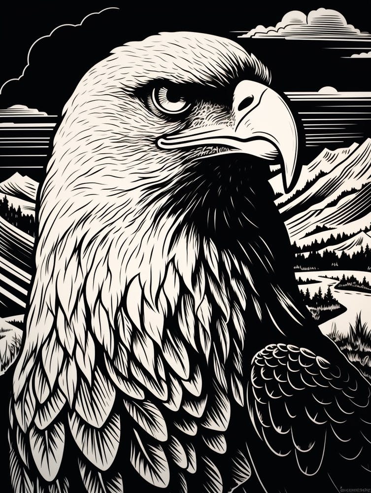 B&W Bird Linocut Bald Eagle 3