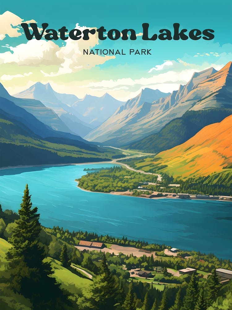 Waterton Lakes National Park Alberta Canada Tranquil Travel Illustration