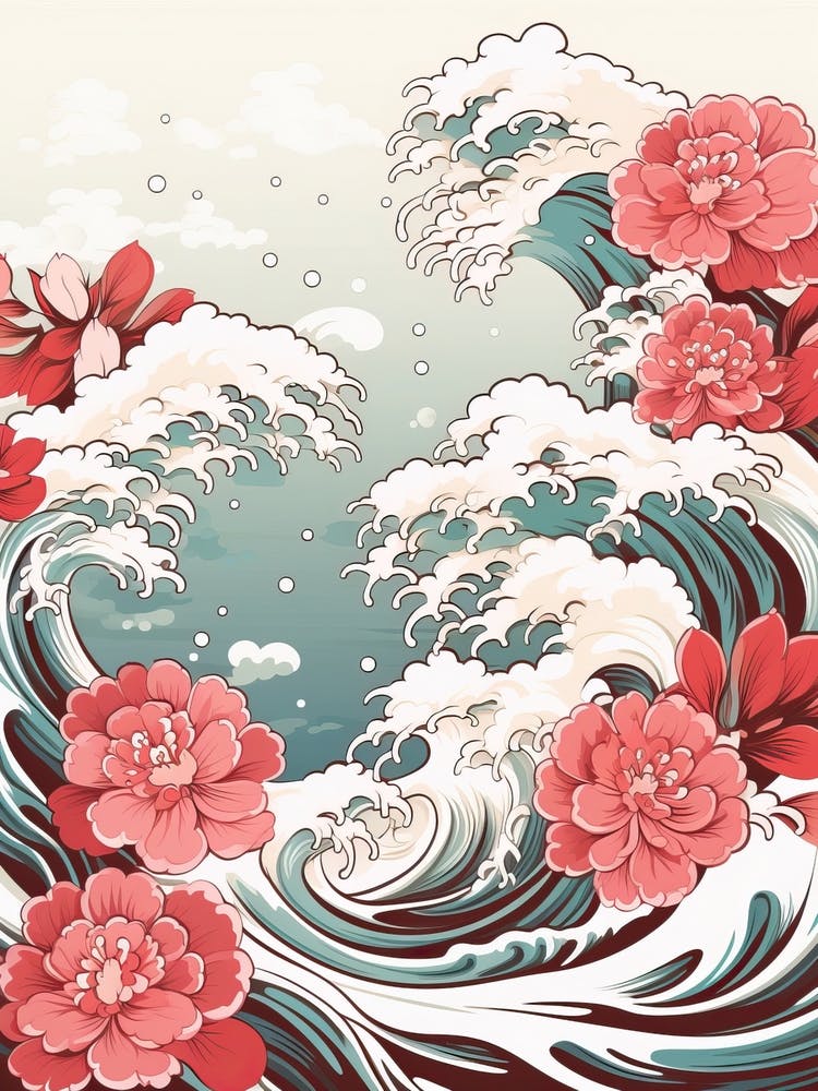 Great Wave With Rose Flower Drawing In The Style Of Ukiyo E 2