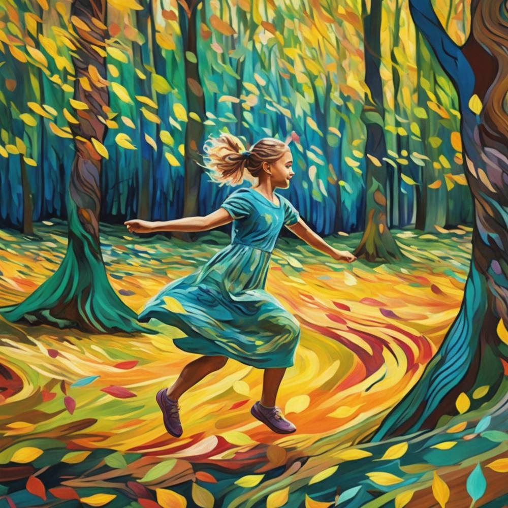 A Girl Playing In A Whimsical And Vibrant Forest