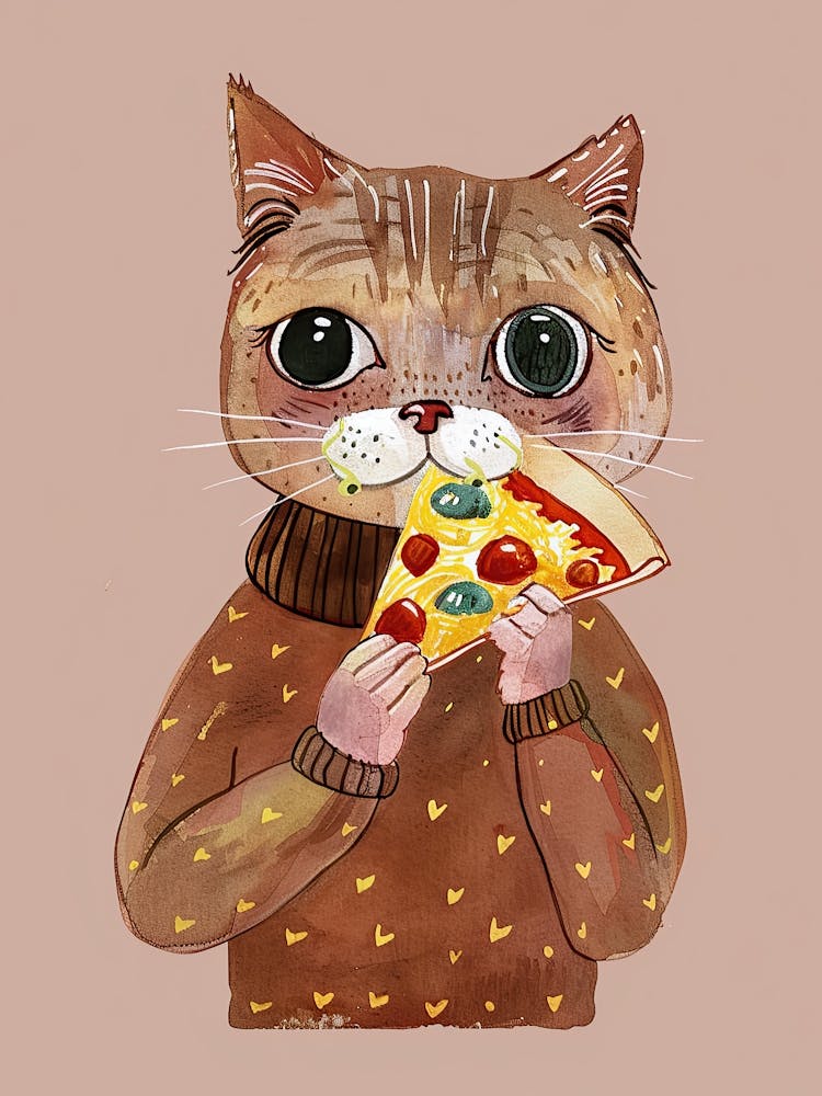 Braune Katze Pizzaliebhaber Volksillustration 6