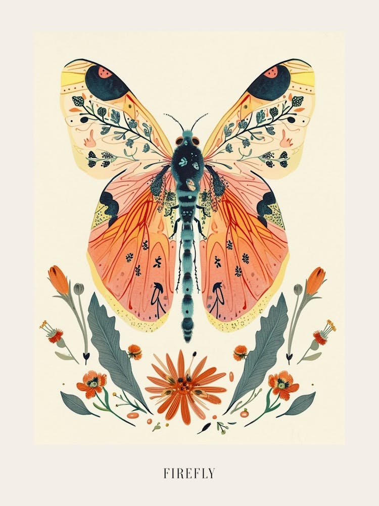 Colourful Insect Illustration Firefly 14 Poster