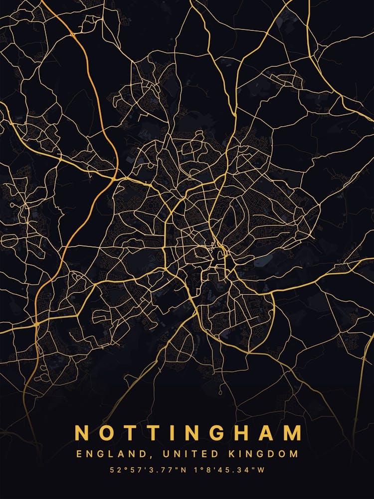 Nottingham England Black And Gold Map