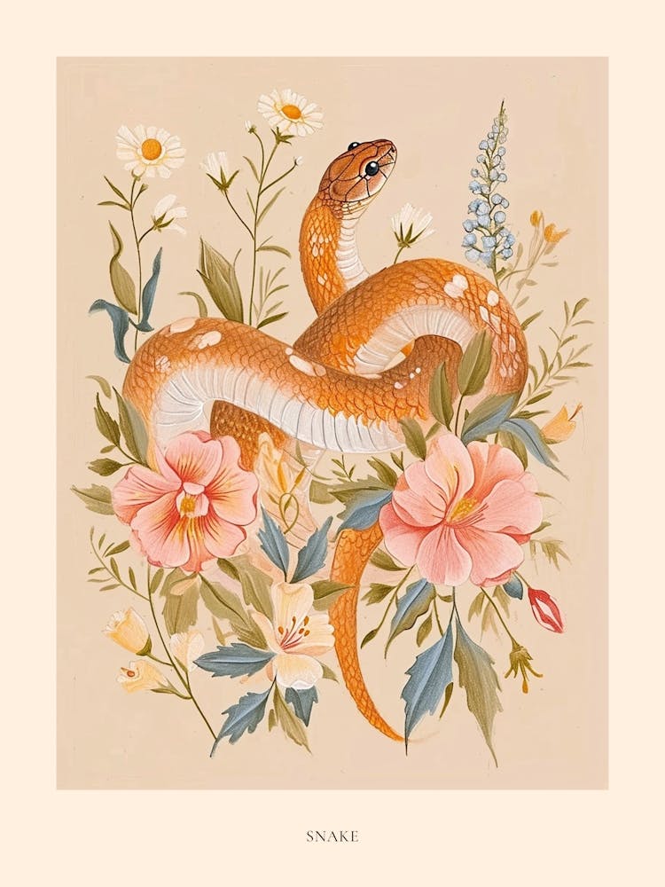 Folksy Floral Animal Drawing Snake 3 Poster