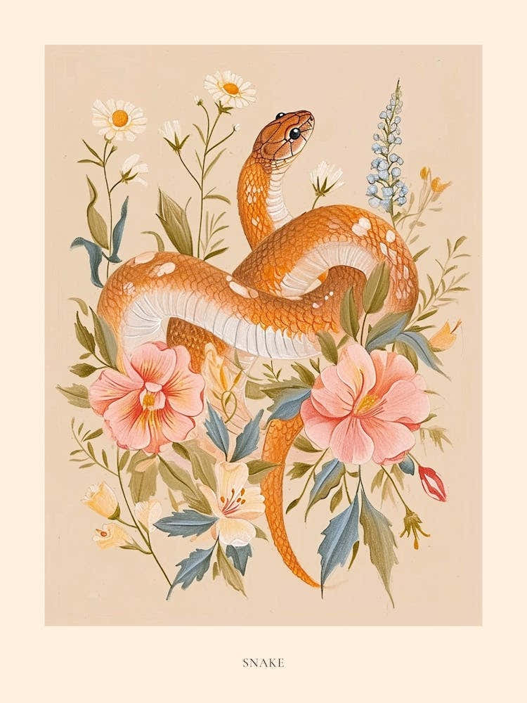 Folksy Floral Animal Drawing Snake 3 Poster