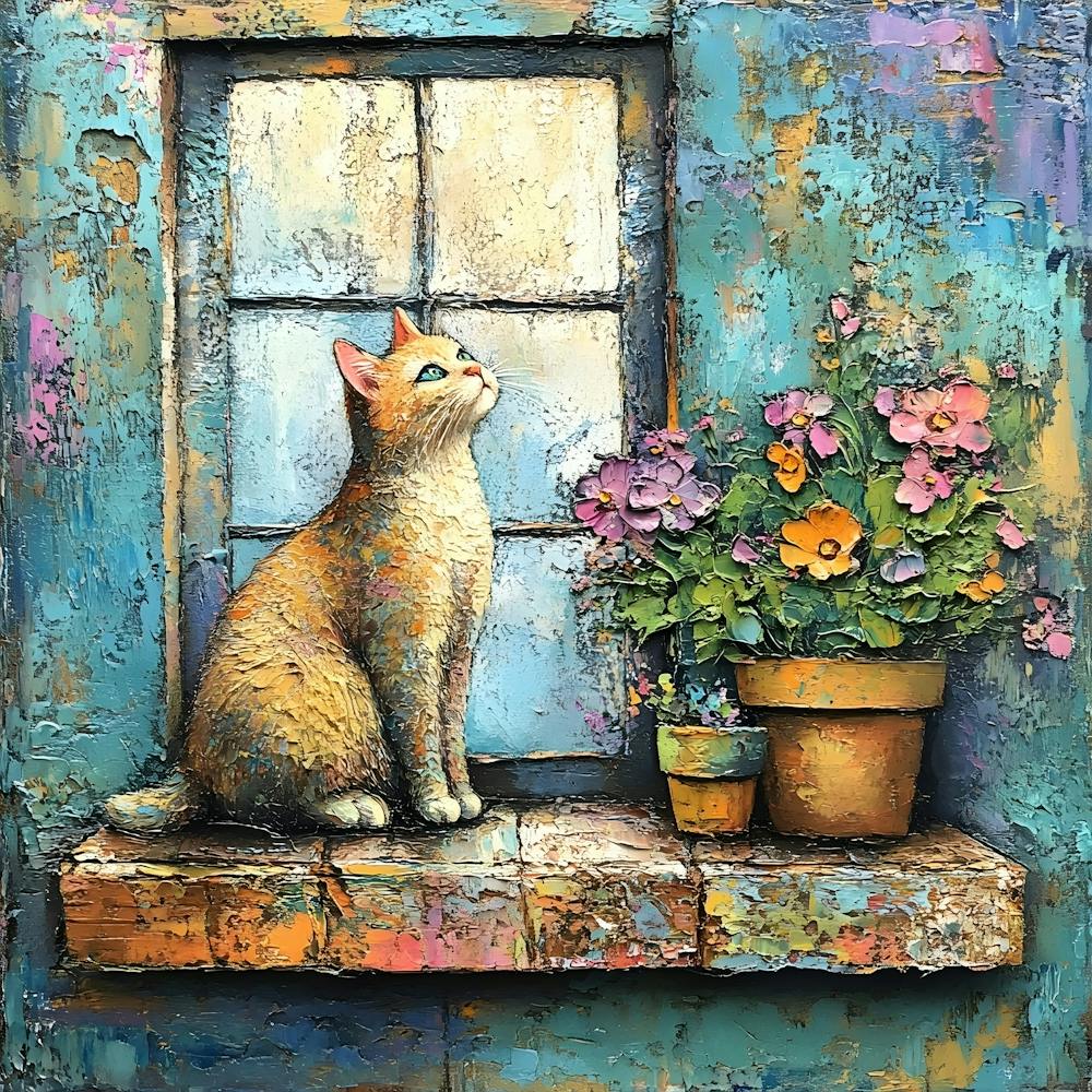 Cat In Window With Flowers 21