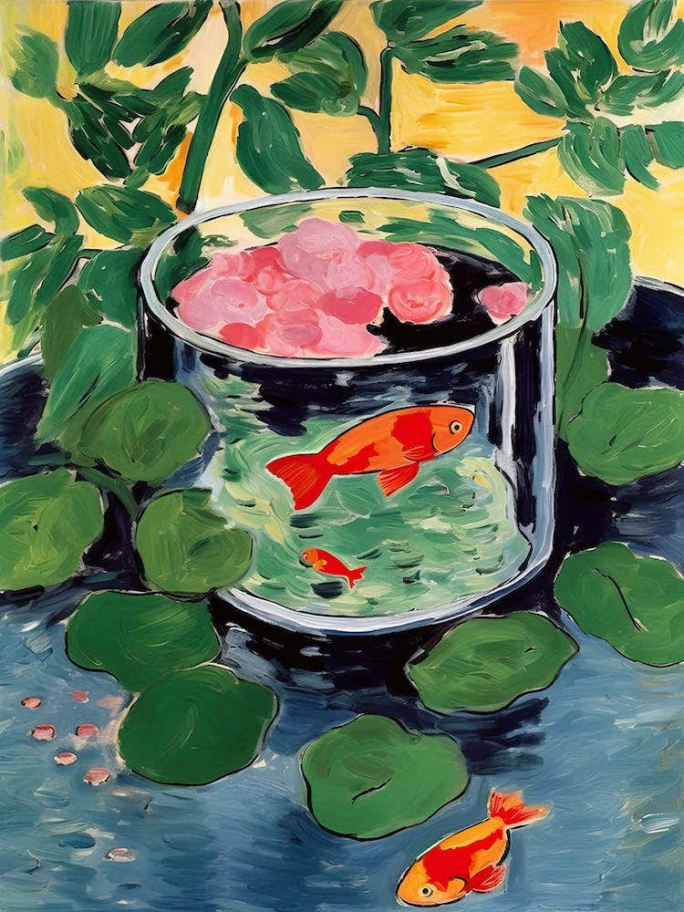 Goldfish In A Bowl With Plants Illustration Matisse Style