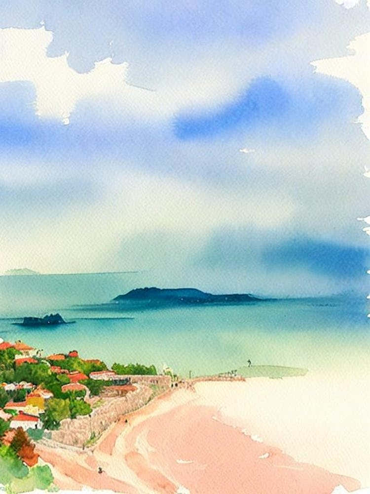 Sveti Stefan Beach 2, Montenegro Watercolour