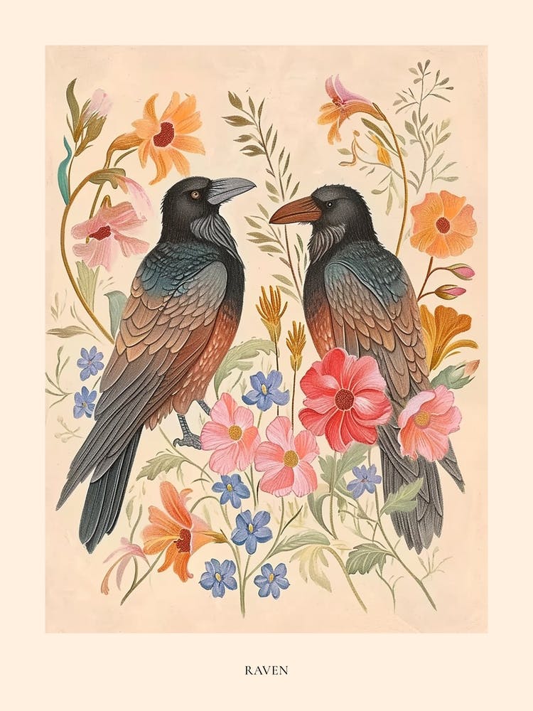 Folksy Floral Animal Drawing Raven 6 Poster