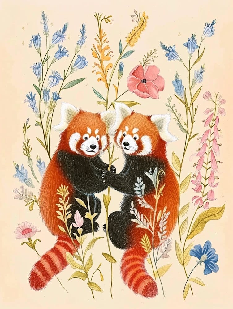 Folksy Floral Animal Drawing Red Panda