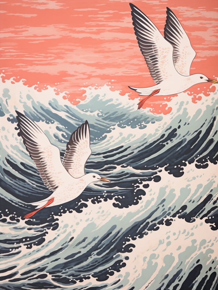 Vintage Japanese Inspired Bird Print Seagull 1