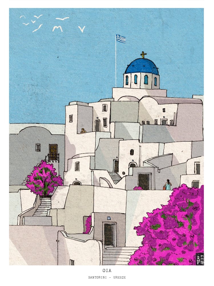 Oia Santorini Greece - Whimsical Wall Art - Santorini Travel Illustration Gift