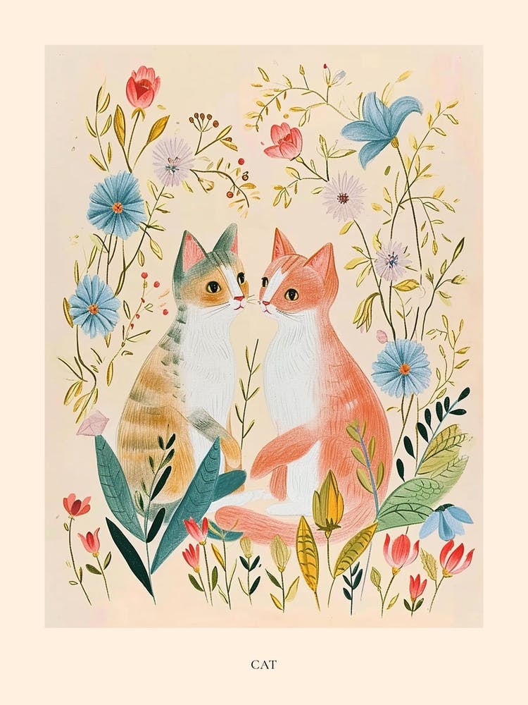Folksy Floral Animal Drawing Cat 6 Poster