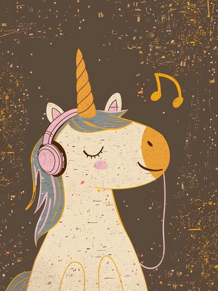 Unicorn Listening To Music With Headphones Muted Pastels 2