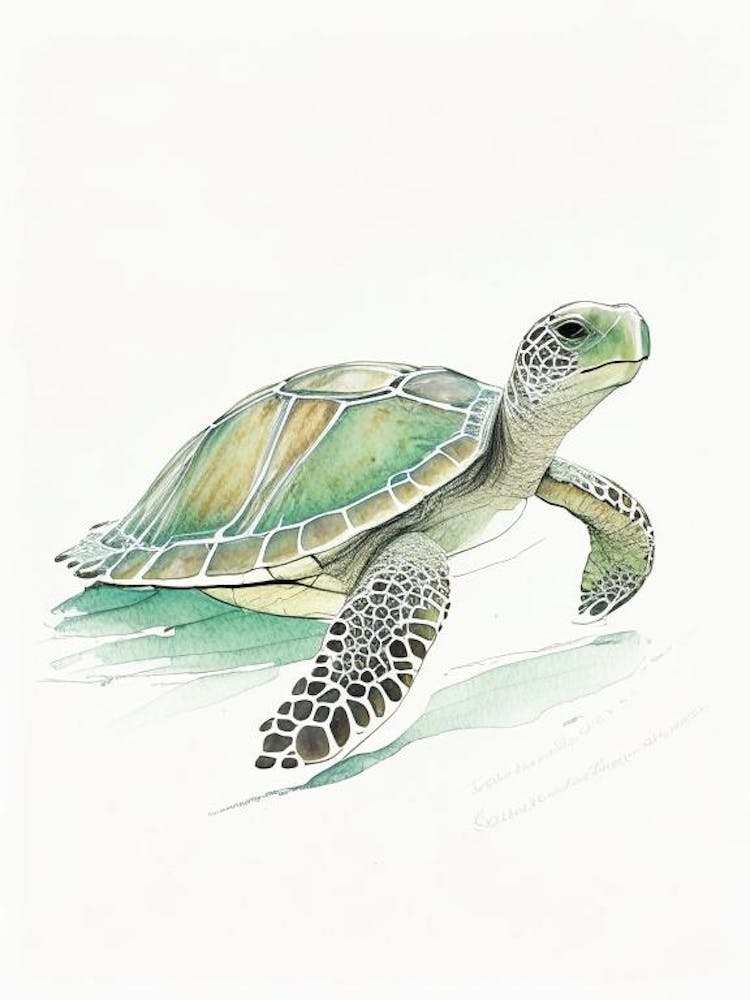 Flatback Sea Turtle (Natator Depressus), Sea Turtle Pencil Illustration 2