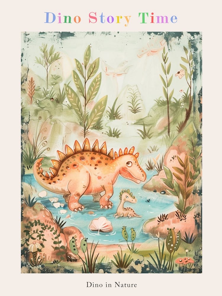Cute Dinosaur Parent & Baby Dinosaur Bathing In The Lake Storybook Painting Poster