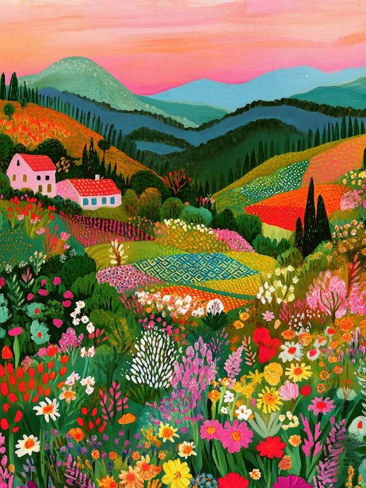 landscape painting of a joyful valley with pink , apple green, cherry pink, sapphire in the style of Marc Chagall – surreal folk art suited for boho living room, reading nook, cozy bedrooms and kitchens
