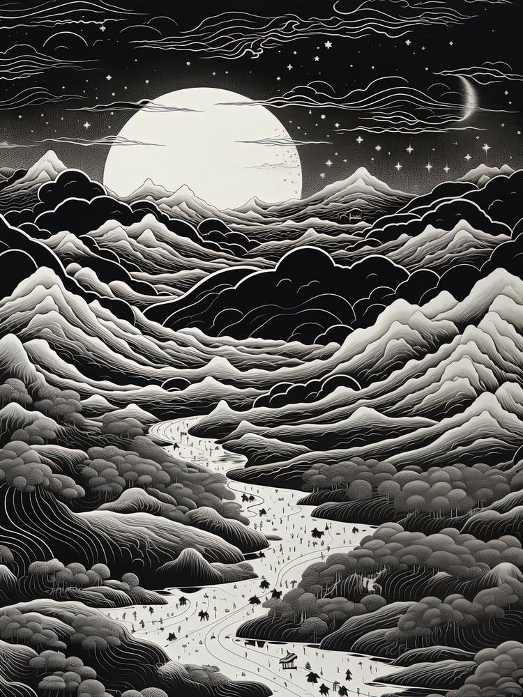 The Japanese Alps In Multiple Prefectures, Ukiyo E Black And White Line Art Drawing 4