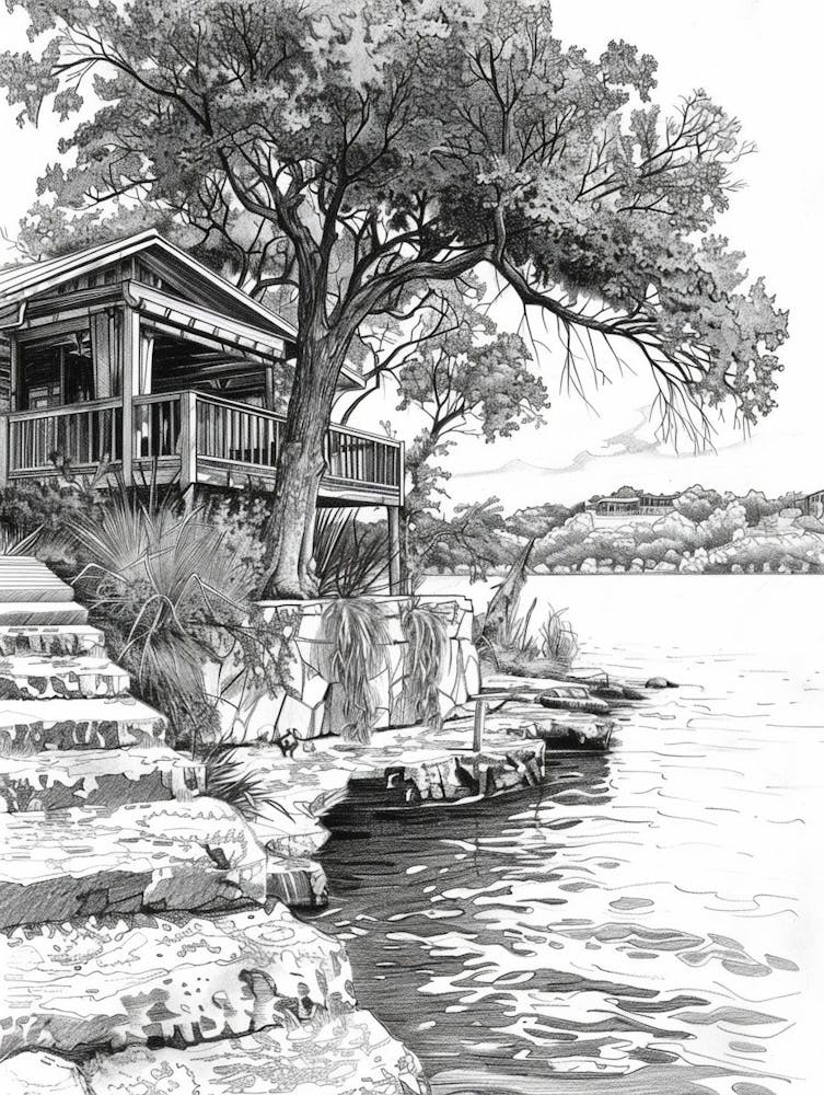 The Oasis On Lake Travis Austin Texas Black And White Drawing 1