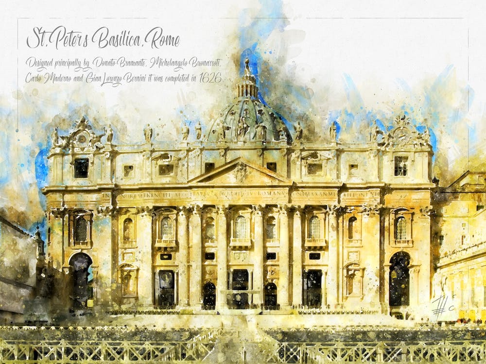 St. Peter's Basilica, Rome, Watercolor