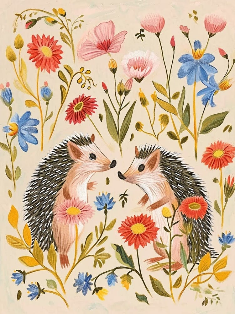 Folksy Floral Animal Drawing Hedgehog 7