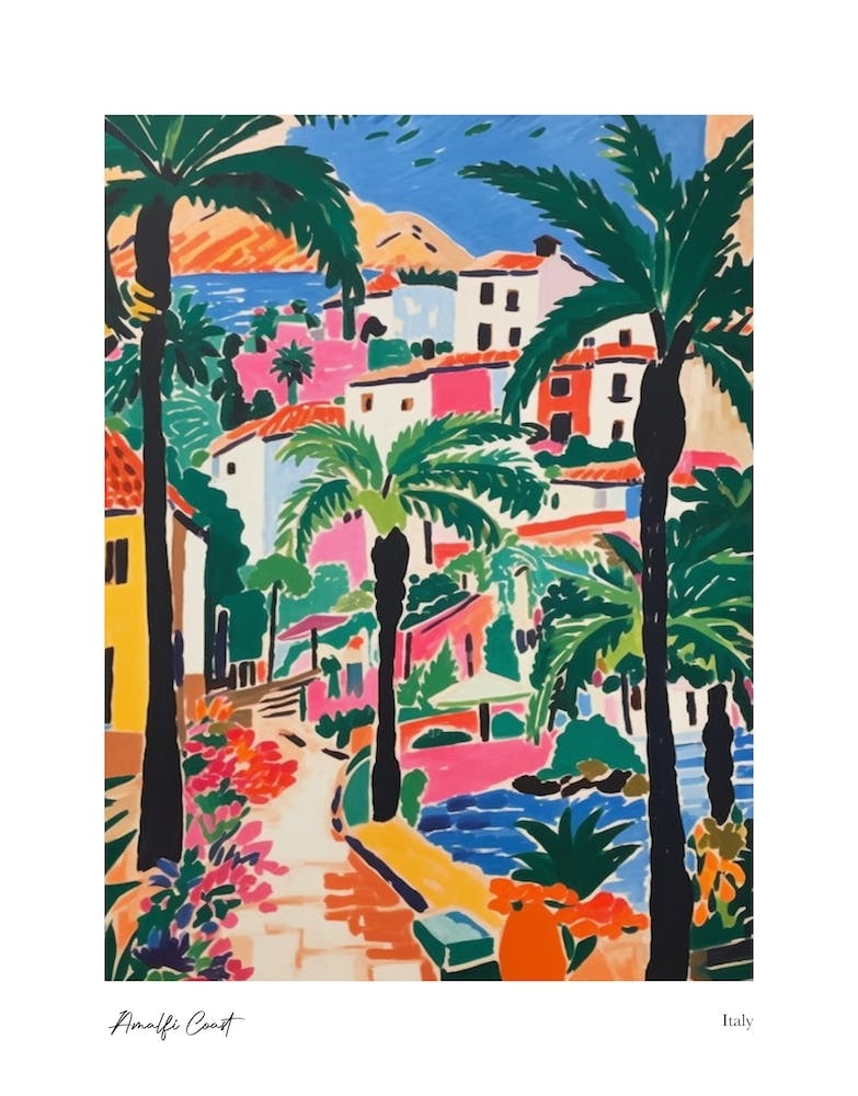 Amalfi Coast Matisse Style, Italy 6 Watercolour Travel Poster