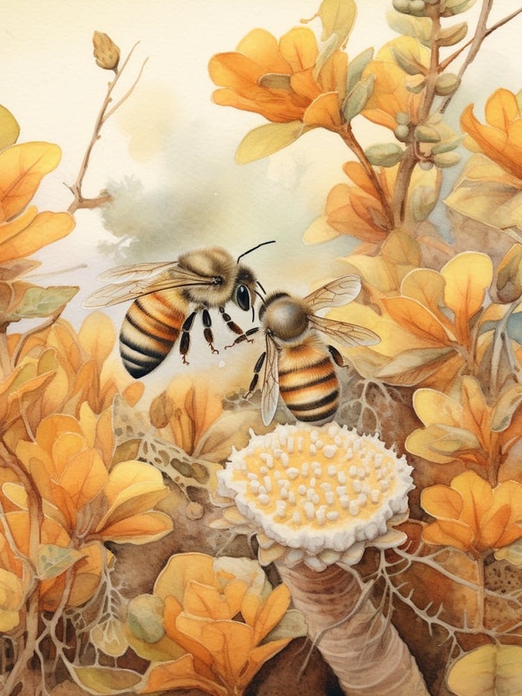 Orange Belted Bumble Bee Beehive Watercolour Illustration 1