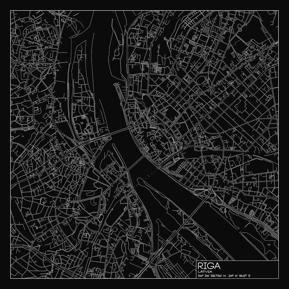 Riga, Latvia, City Map White On Black Blueprint Design