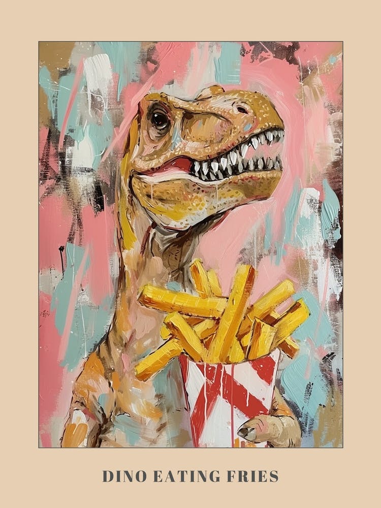 Pastel Pink & Blue Dinosaur Eating Fries Poster