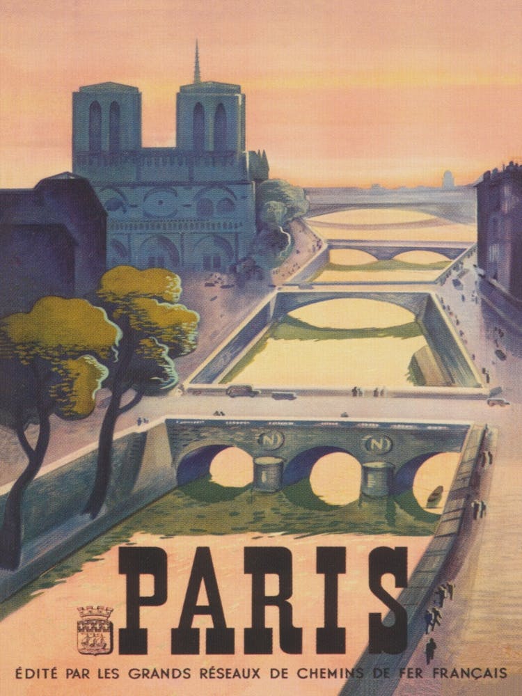 Paris France, La Seine, Couleurs neutres et sourdes, Affiche de voyage vintage