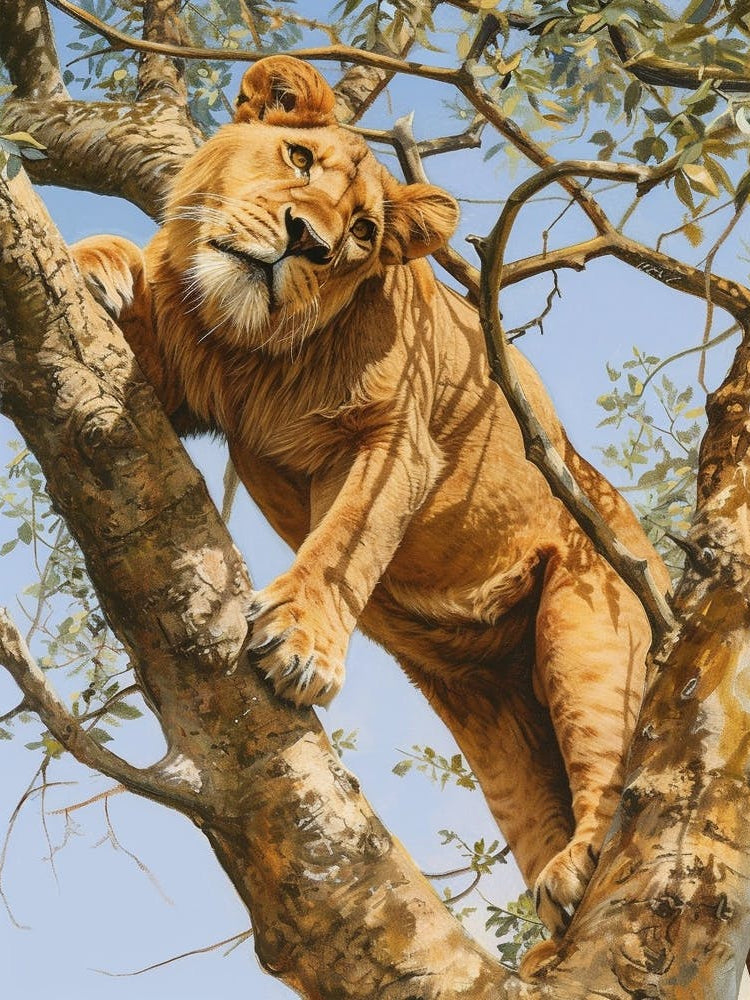 Barbary Lion Climbing A Tree Acrylic Painting 1