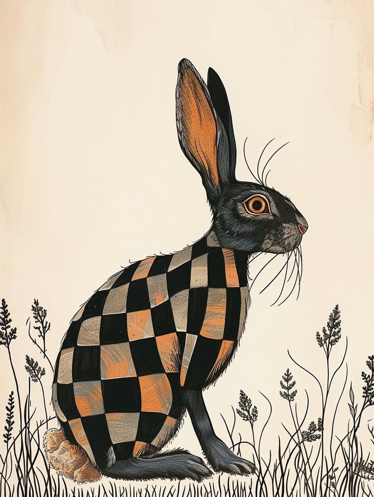 Checkered Giant Blockprint Rabbit Illustration 1