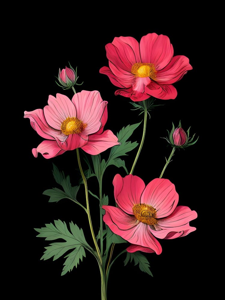 Pink Cosmos Flowers On Black Background