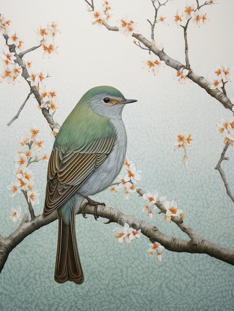Ohara Koson Inspired Bird Painting European Robin 3
