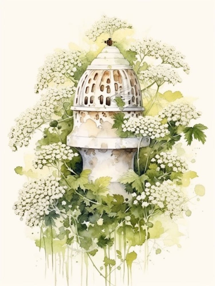 Beehive With Queen Anne’S Lace Watercolour Illustration 1