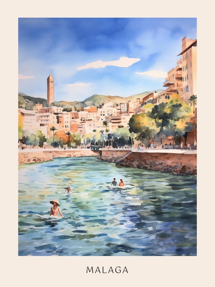 Swimming In Malaga Spain Watercolour Poster