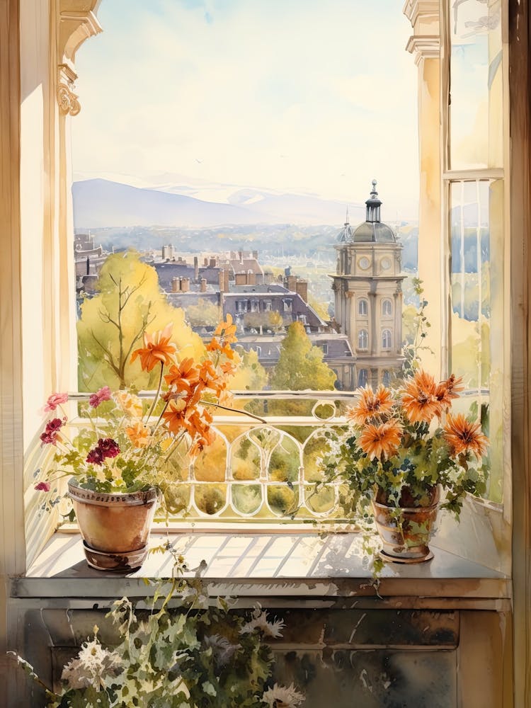 Window View Of Geneva Switzerland In Autumn Fall, Watercolour 2