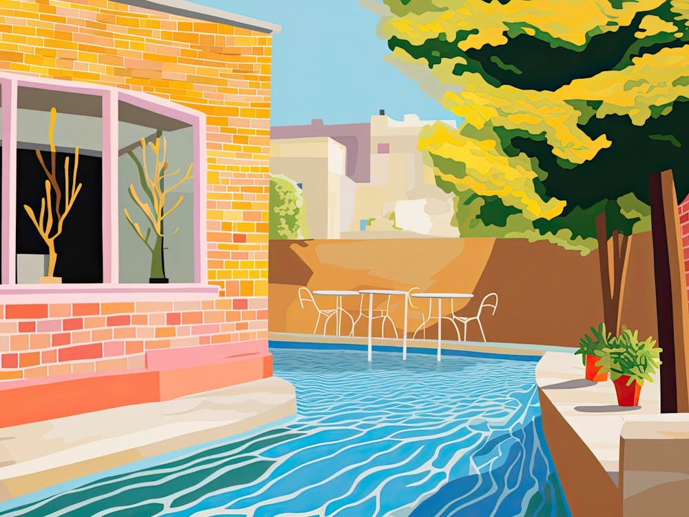 Summer London Patio, Outdoors With Pool And Trees, Hockney Style
