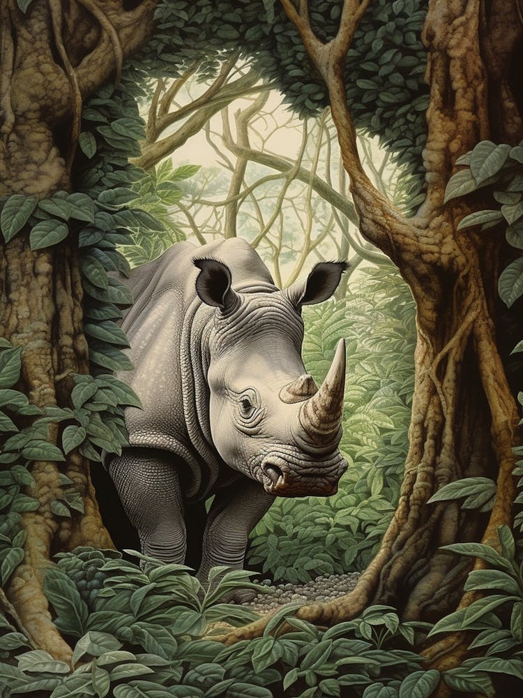 Nashorn im Schatten der Bäume Realistische Illustration 1