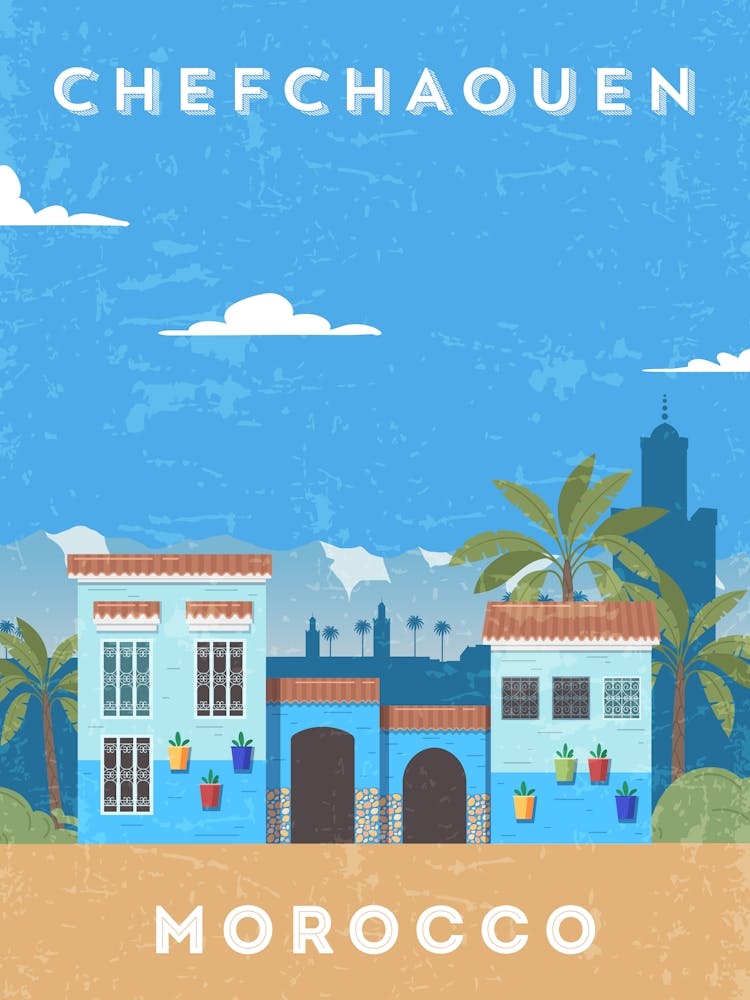 Chefchaouen, Morocco — Retro travel minimalist poster