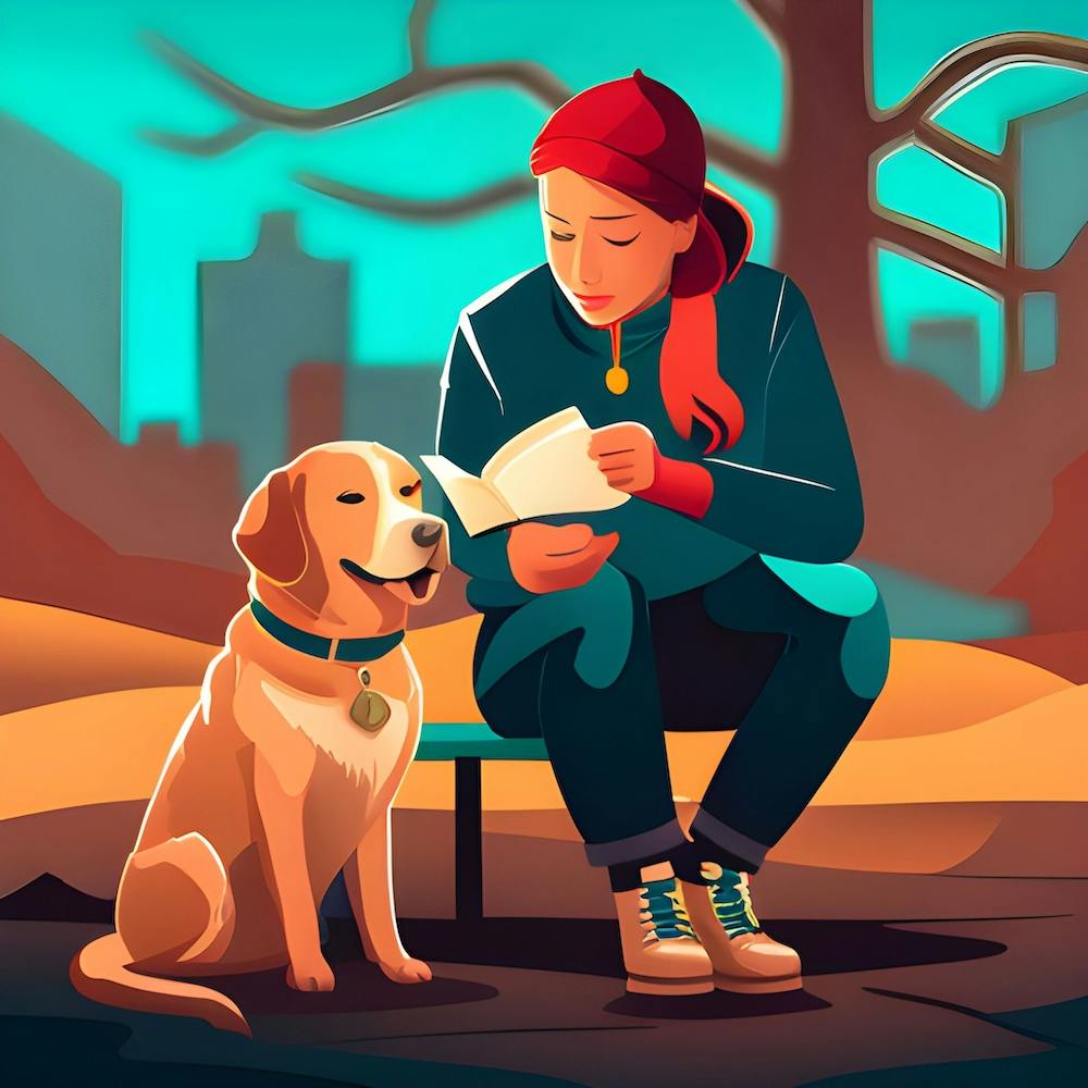 Fille Lisant un Livre avec son Chien 1