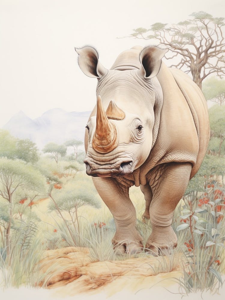 Rhino Walking Through Nature Vintage Illustration 4