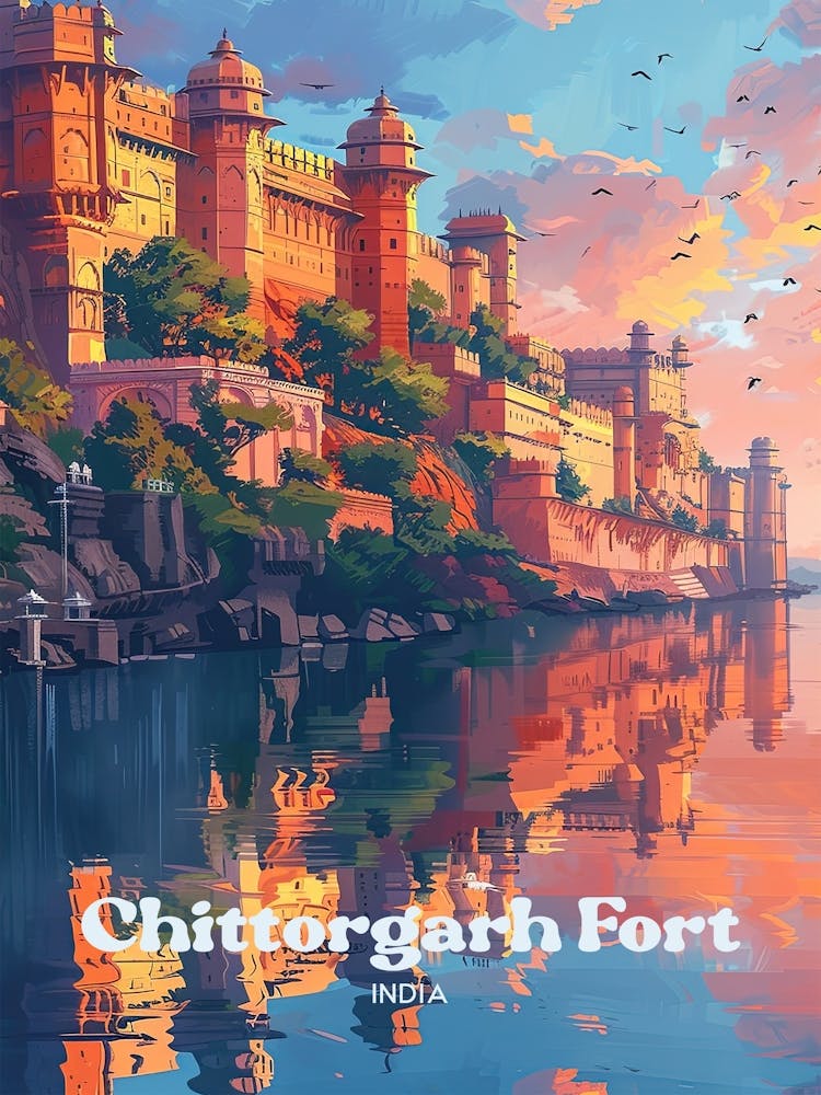 Chittorgarh Fort India Water Fort Travel Art Illustration