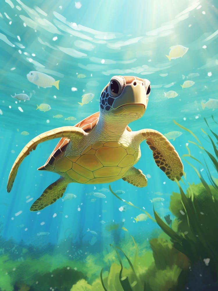 Baby Green Turtle In Ocean 1