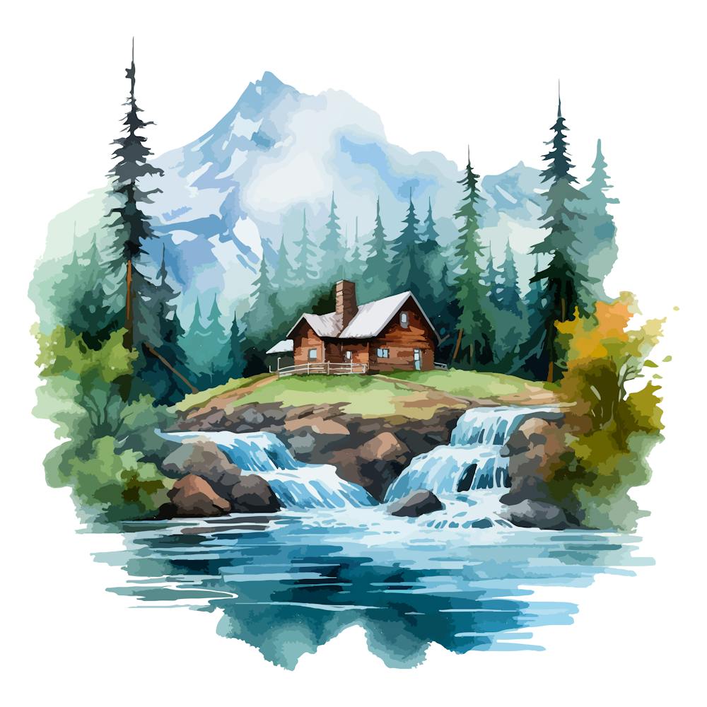 Paysage à l'Aquarelle Avec Cascade